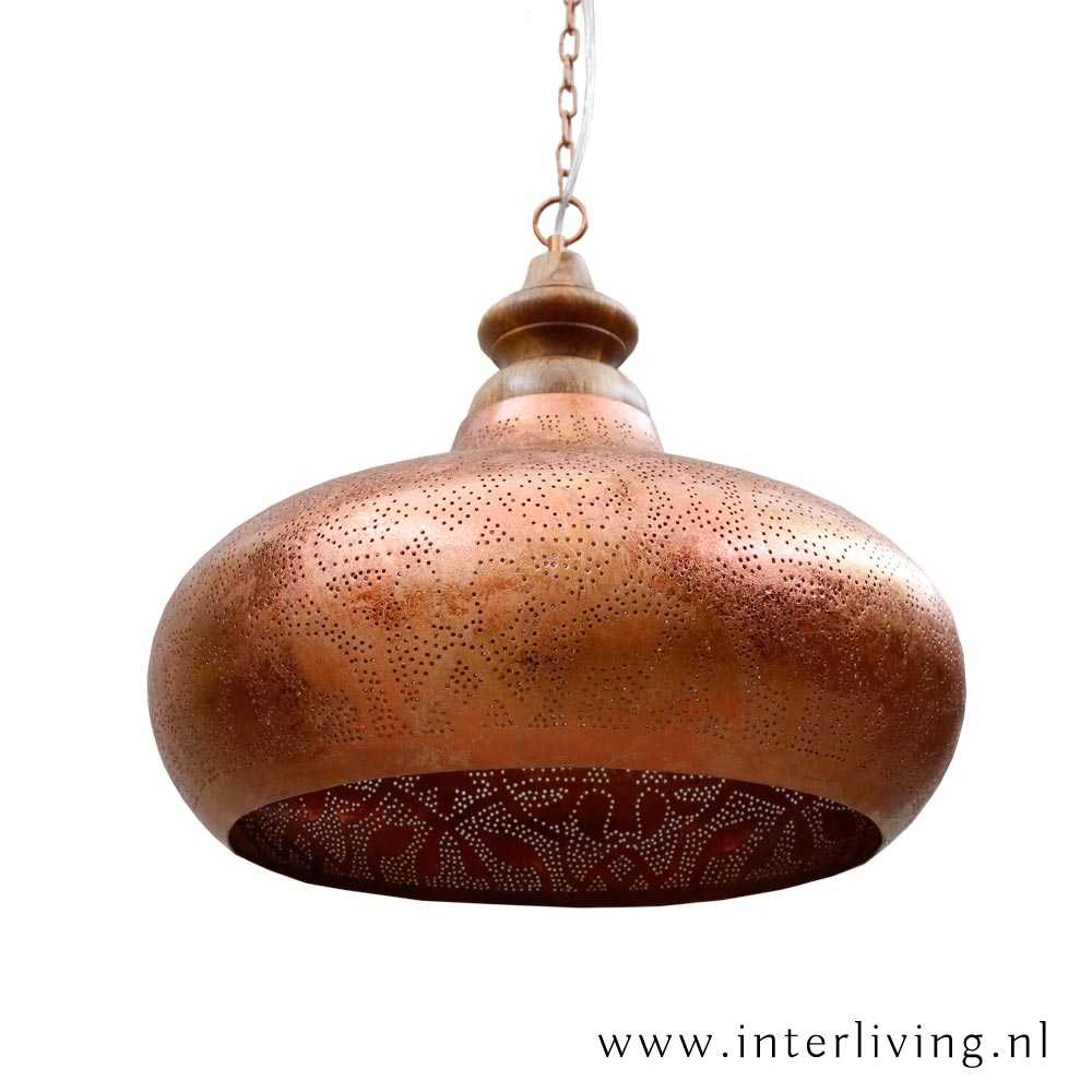 koel Sinis Mauve industriele open hanglamp - vintage (rood) koper met hout - webshop